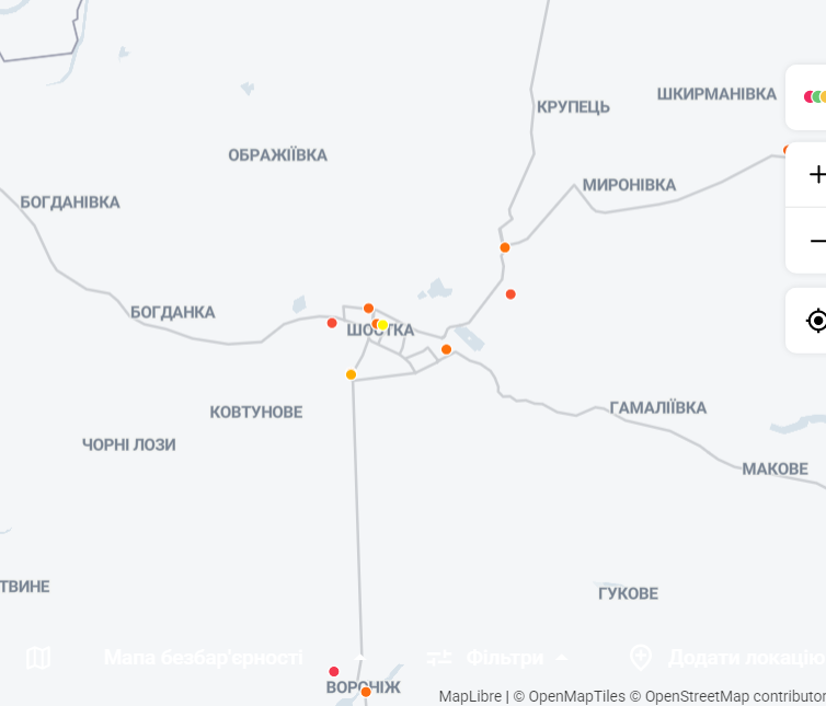 Наразі жоден об'єкт у нашому місті не відповідає повному переліку критерієв доступності. Жоден не позначено зеленим кольором.